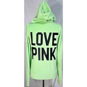 Y2K Victorias Secret Pink Velvet Velour Full Zip Hoodie Sweatshirt Lime Green